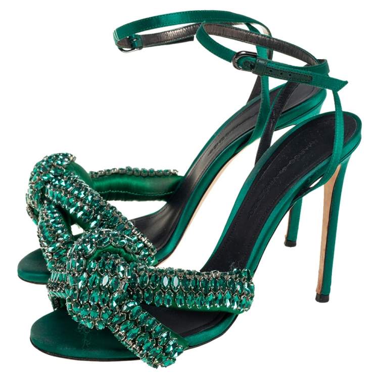 Pre Owned Marco de vincenzo Green Crystal Embellished Satin Knotted Ankle Strap Sandals Size 38.5