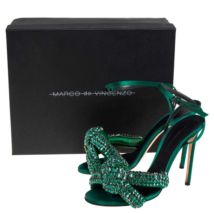 Pre Owned Marco de vincenzo Green Crystal Embellished Satin Knotted Ankle Strap Sandals Size 38.5