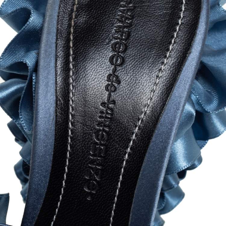 Pre Owned Marco de vincenzo Blue Satin Ruffle Mule Sandals Size 37.5