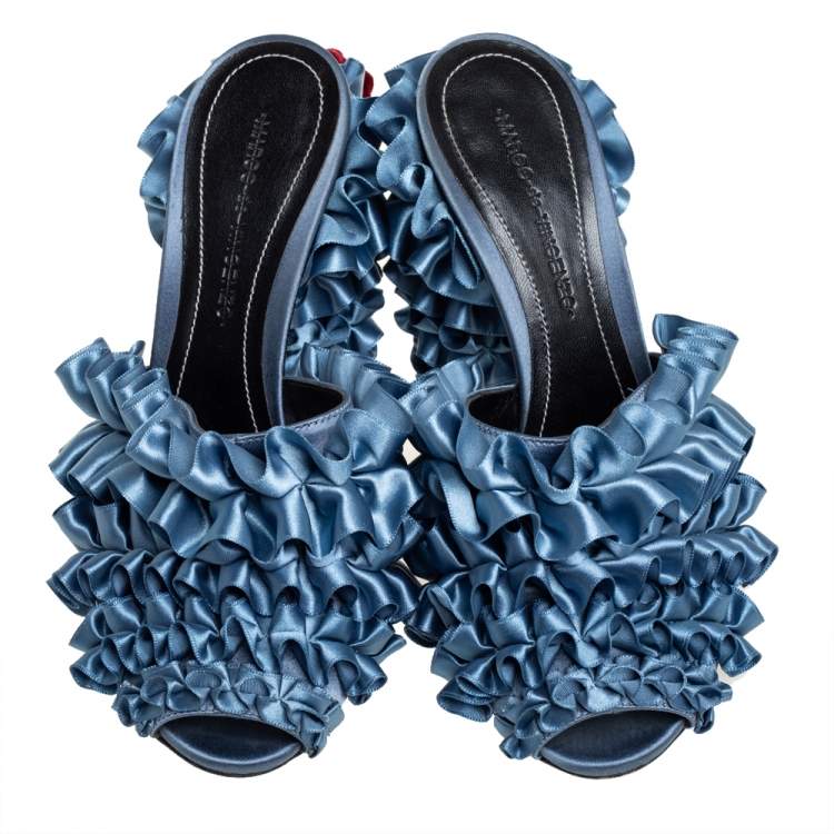 Pre Owned Marco de vincenzo Blue Satin Ruffle Mule Sandals Size 37.5