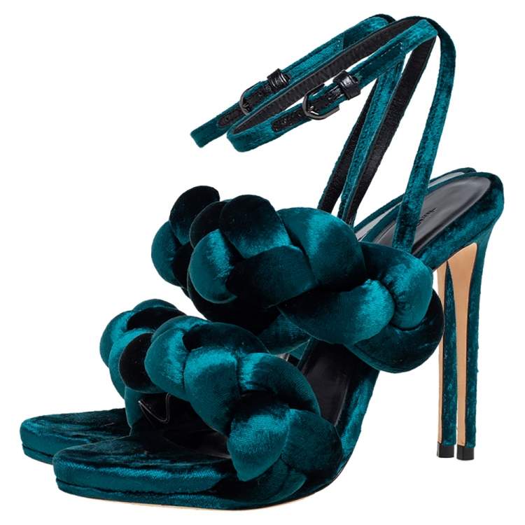 Pre Owned Marco de Vincenzo Teal Green Velvet Braided Ankle Strap Sandals Size 38.5