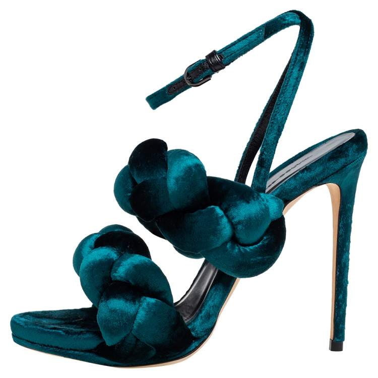 Pre Owned Marco de Vincenzo Teal Green Velvet Braided Ankle Strap Sandals Size 38.5