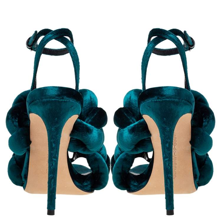 Pre Owned Marco de Vincenzo Teal Green Velvet Braided Ankle Strap Sandals Size 38.5