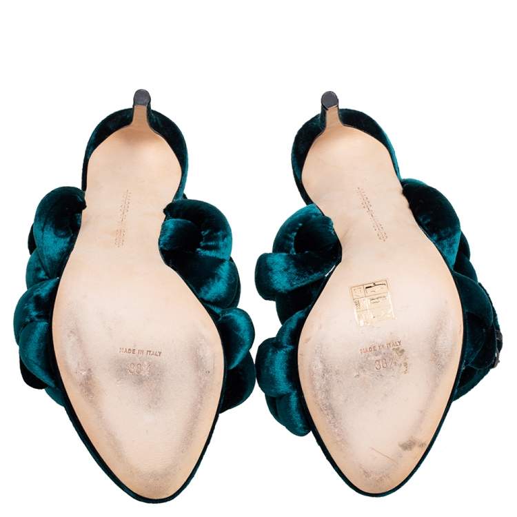 Pre Owned Marco de Vincenzo Teal Green Velvet Braided Ankle Strap Sandals Size 38.5
