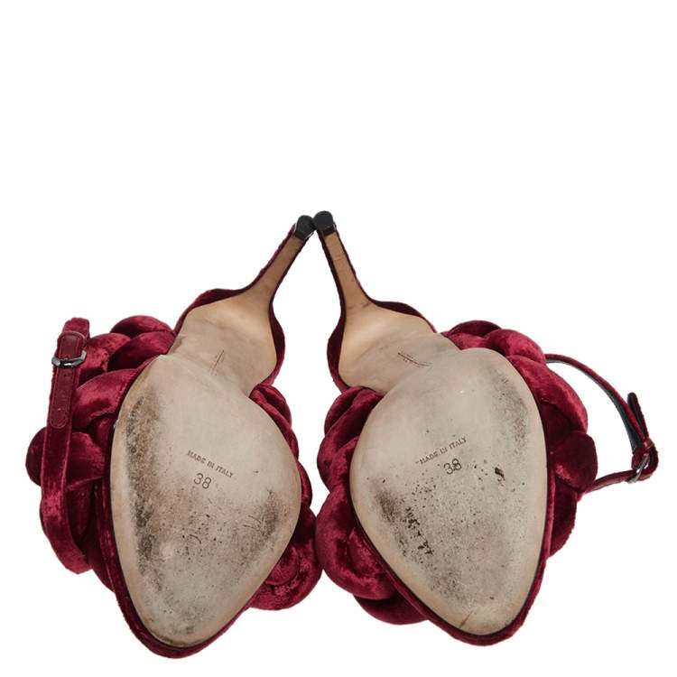 Pre Owned Marco de Vincenzo Red Braided Velvet Ankle Strap Sandals Size 38