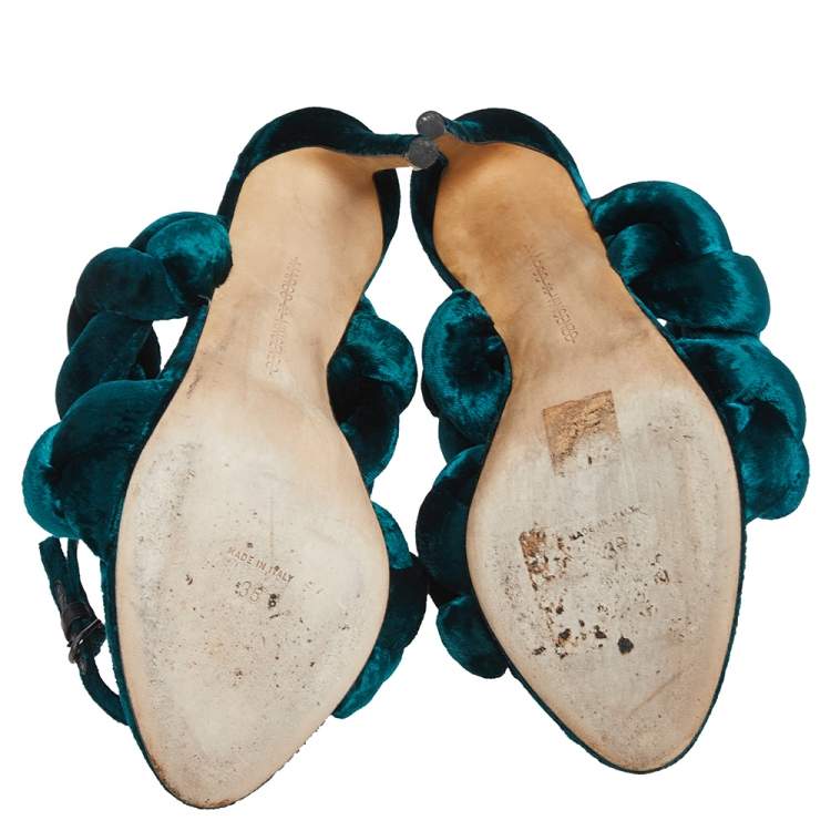 Pre Owned Marco de Vincenzo Teal Green Velvet Braided Ankle Strap Sandals Size 38
