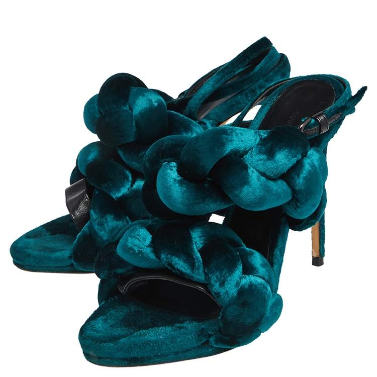 Pre Owned Marco de Vincenzo Teal Green Velvet Braided Ankle Strap Sandals Size 38