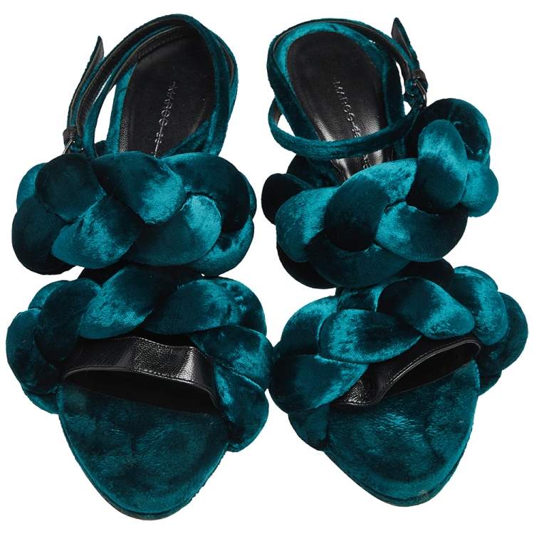 Pre Owned Marco de Vincenzo Teal Green Velvet Braided Ankle Strap Sandals Size 38