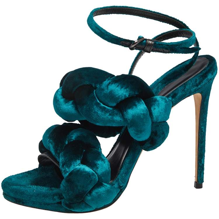 Pre Owned Marco de Vincenzo Teal Green Velvet Braided Ankle Strap Sandals Size 38