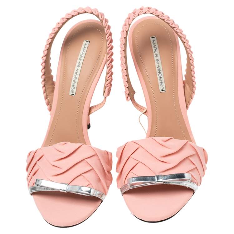 Pre Owned Marco de Vincenzo Pink/Silver Pleated Fabric and Leather Bow Slingback Sandals Size 37