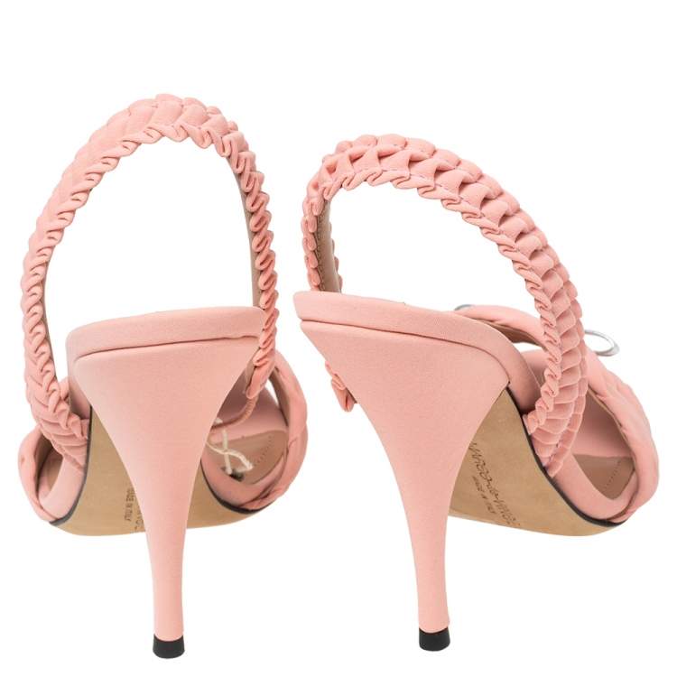 Pre Owned Marco de Vincenzo Pink/Silver Pleated Fabric and Leather Bow Slingback Sandals Size 37