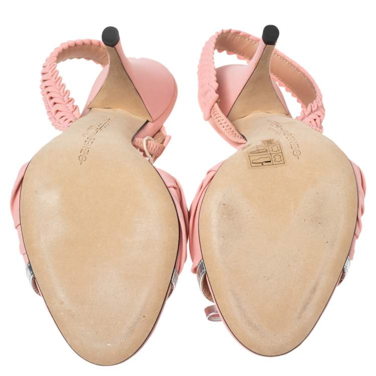 Pre Owned Marco de Vincenzo Pink/Silver Pleated Fabric and Leather Bow Slingback Sandals Size 37