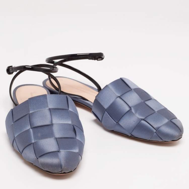 Pre Owned Marco de Vincenzo Blue Satin Ankle Strap Flats Size 39