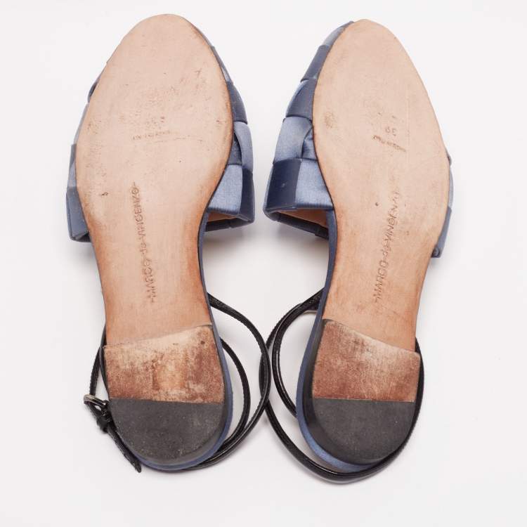 Pre Owned Marco de Vincenzo Blue Satin Ankle Strap Flats Size 39