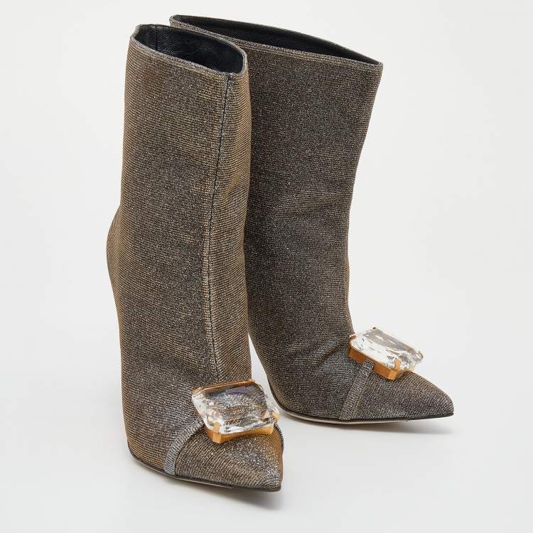Pre Owned Marco De Vincenzo Metallic Iridescent Lurex Fabric Crystal Embellished Ankle Boots Size 39