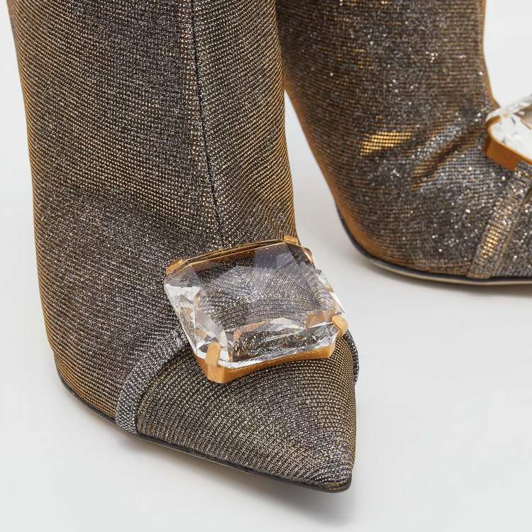 Pre Owned Marco De Vincenzo Metallic Iridescent Lurex Fabric Crystal Embellished Ankle Boots Size 39