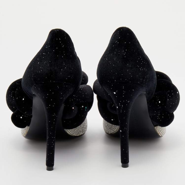 Pre Owned Marco de Vincenzo Black/Silver Velvet And Crystal Braided Strap Pumps Size 37.5