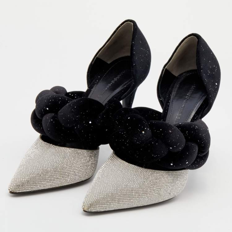 Pre Owned Marco de Vincenzo Black/Silver Velvet And Crystal Braided Strap Pumps Size 37.5
