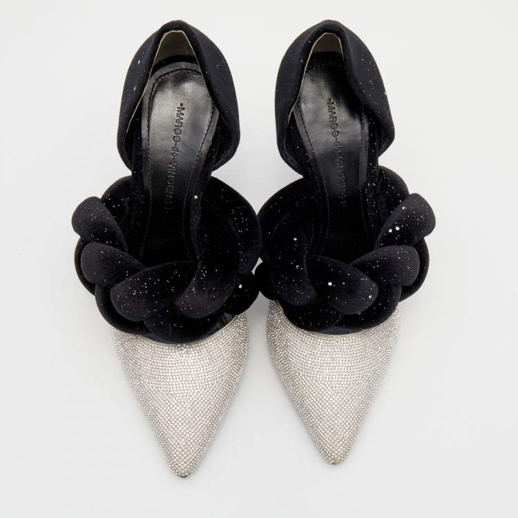 Pre Owned Marco de Vincenzo Black/Silver Velvet And Crystal Braided Strap Pumps Size 37.5