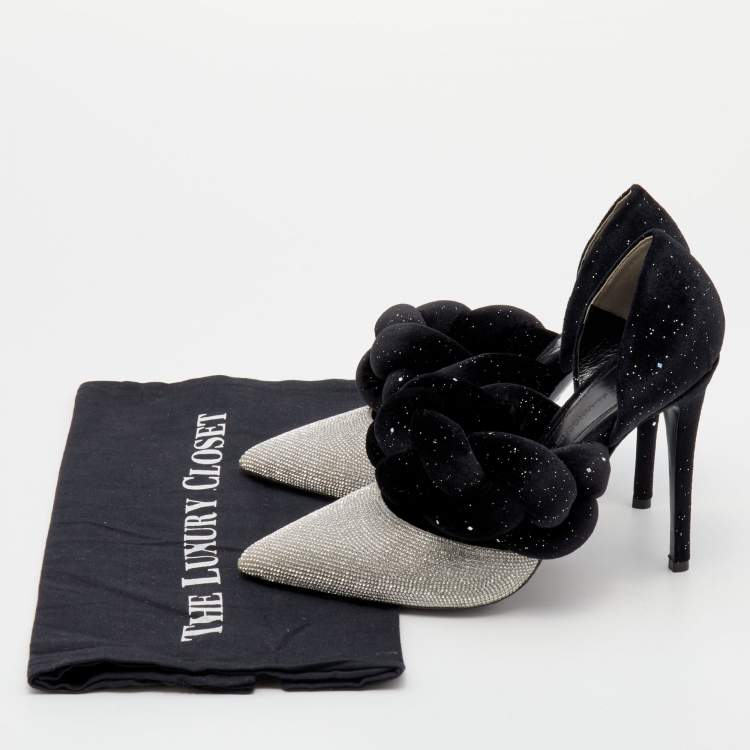 Pre Owned Marco de Vincenzo Black/Silver Velvet And Crystal Braided Strap Pumps Size 37.5