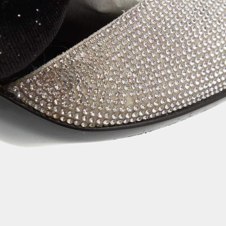 Pre Owned Marco de Vincenzo Black/Silver Velvet And Crystal Braided Strap Pumps Size 37.5
