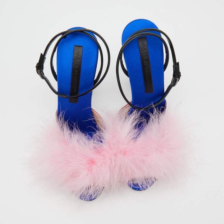 Pre Owned Marco De Vincenzo Pink/Black Marabou Feather And Patent Leather Ankle Strap Sandals Size 37