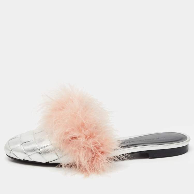 Pre Owned Marco de Vincenzo Silver/Pink Fur and Woven Leather Mules Size 37