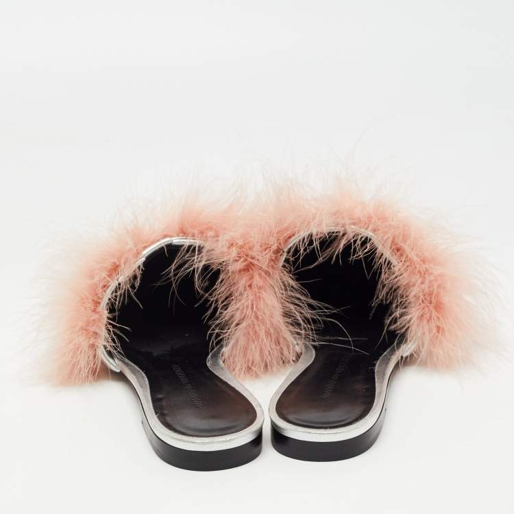 Pre Owned Marco de Vincenzo Silver/Pink Fur and Woven Leather Mules Size 37