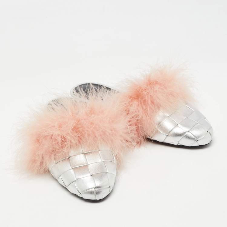 Pre Owned Marco de Vincenzo Silver/Pink Fur and Woven Leather Mules Size 37
