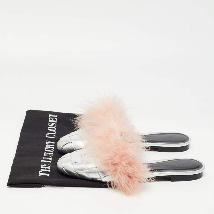 Pre Owned Marco de Vincenzo Silver/Pink Fur and Woven Leather Mules Size 37
