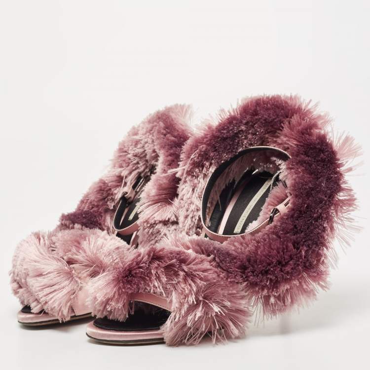 Pre Owned Marco De Vincenzo Pink Satin and Leather Fringed Slingback Sandals Size 38