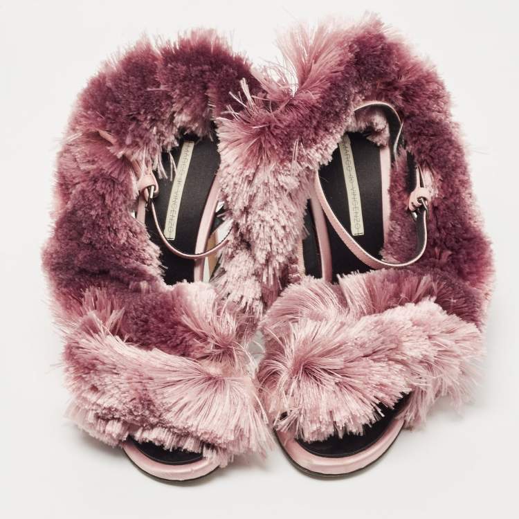 Pre Owned Marco De Vincenzo Pink Satin and Leather Fringed Slingback Sandals Size 38