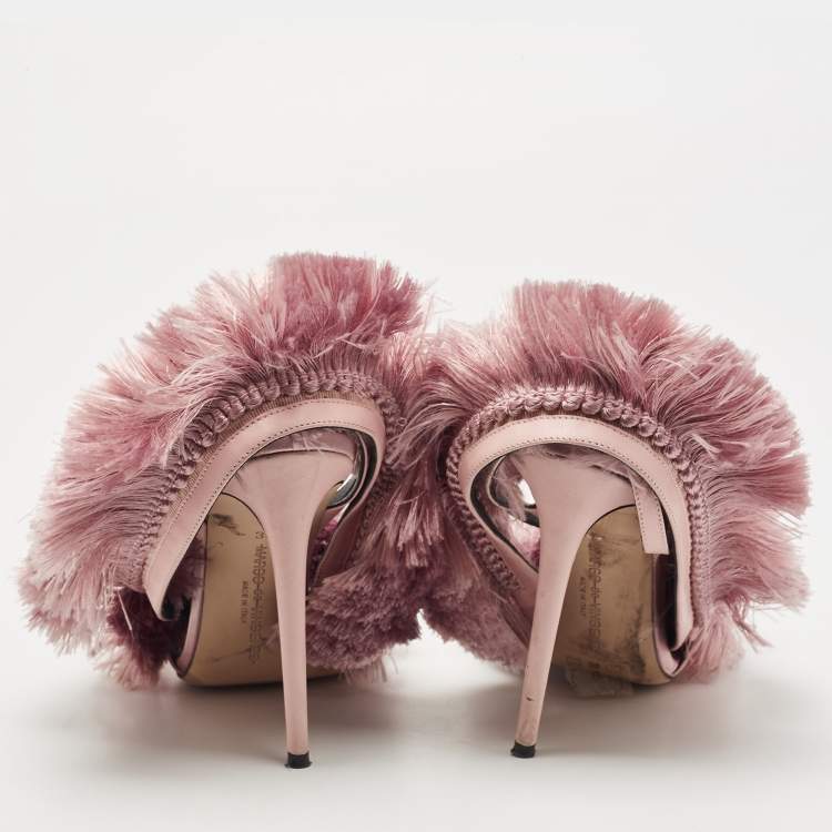 Pre Owned Marco De Vincenzo Pink Satin and Leather Fringed Slingback Sandals Size 38