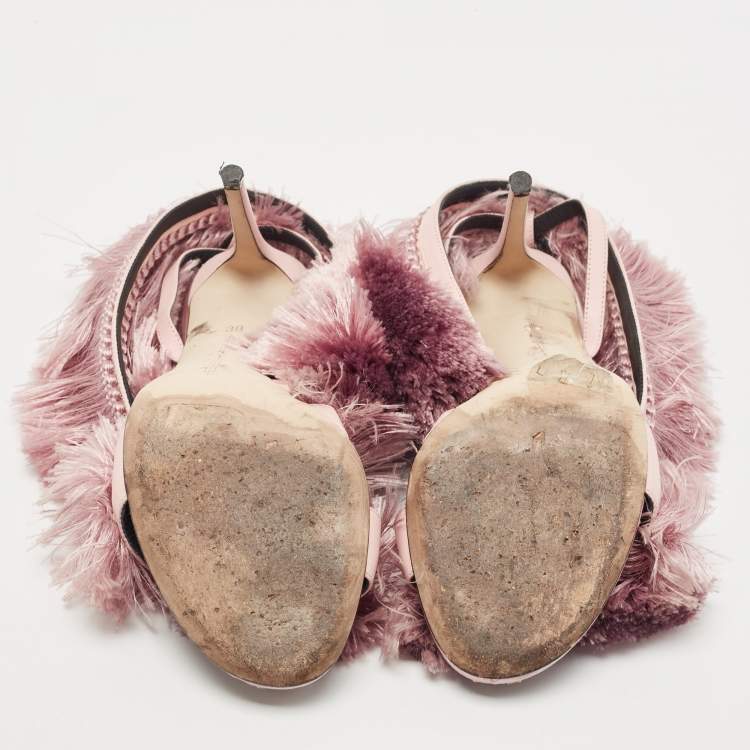 Pre Owned Marco De Vincenzo Pink Satin and Leather Fringed Slingback Sandals Size 38