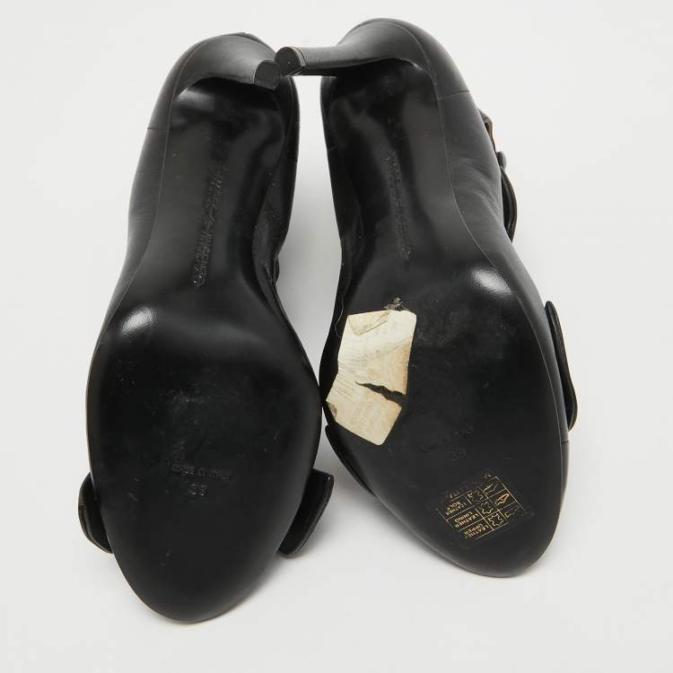 Pre Owned Marco de vincenzo Black Leather and Patent Cap Toe Triple Bow Pumps Size 39