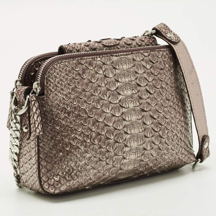 Pre Owned Maria Oliver Brown Python Double Zip Crossbody Bag
