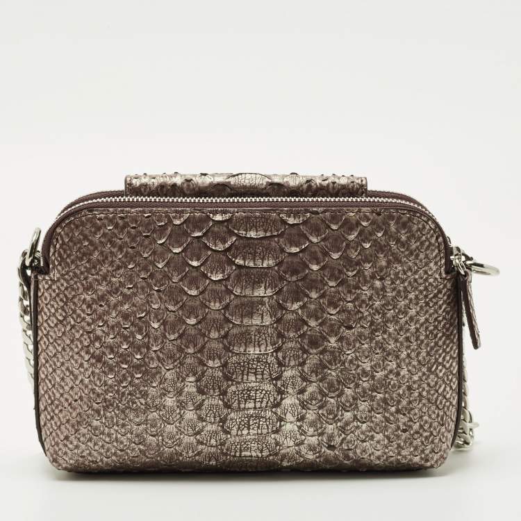Pre Owned Maria Oliver Brown Python Double Zip Crossbody Bag