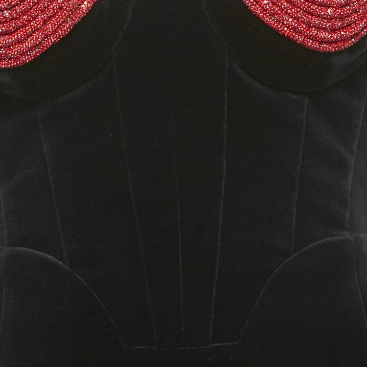 Pre Owned Marianna Senchina Black Velvet Heart Studded Strapless Mini Dress M