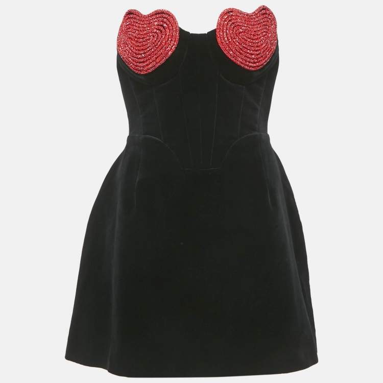 Pre Owned Marianna Senchina Black Velvet Heart Studded Strapless Mini Dress M