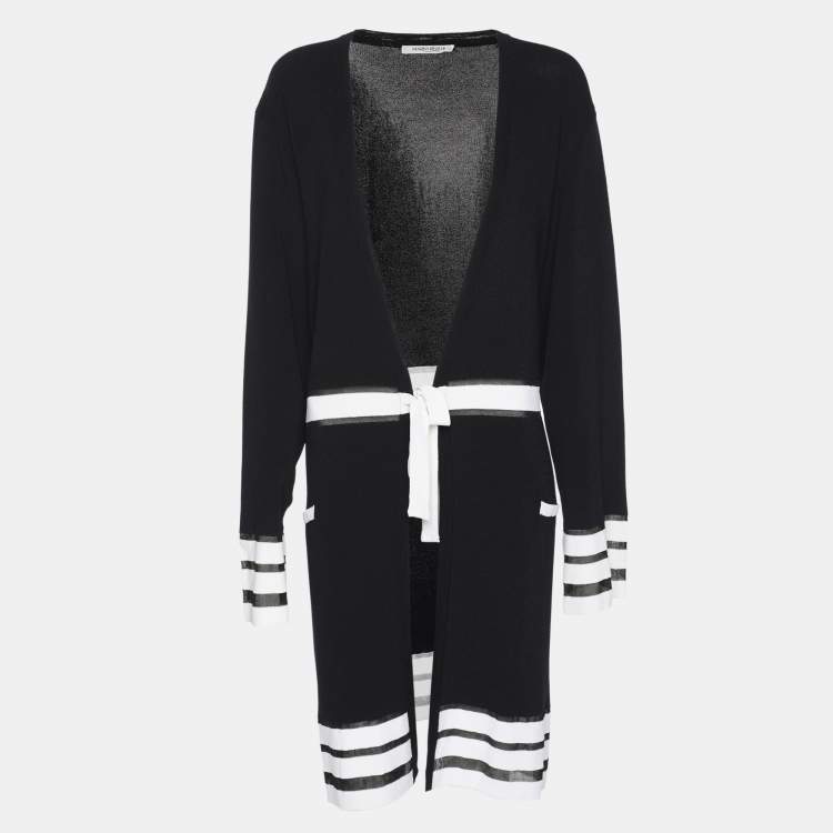 Pre Owned Marina Rinaldi Navy Blue/White Rib Knit Belted Cardigan L