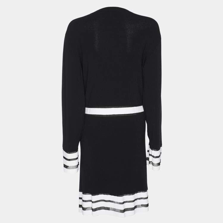 Pre Owned Marina Rinaldi Navy Blue/White Rib Knit Belted Cardigan L