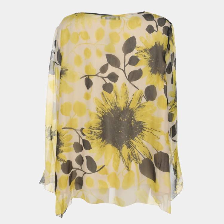 Pre Owned Marina Rinaldi Yello/Black Sunflower Print Chiffon Blouse L