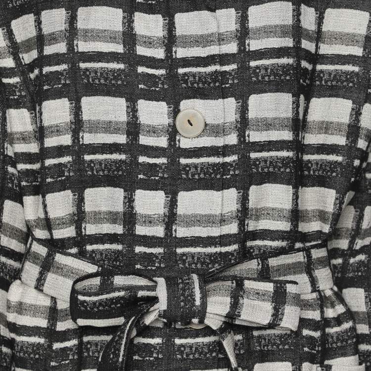 Pre Owned Marina Rinaldi Black/Off White Check Print Linen Blend Belted Blazer M