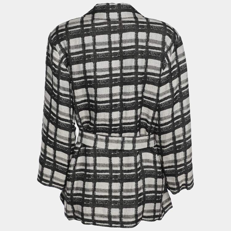 Pre Owned Marina Rinaldi Black/Off White Check Print Linen Blend Belted Blazer M