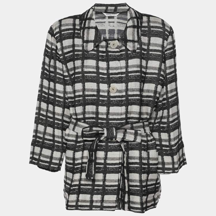 Pre Owned Marina Rinaldi Black/Off White Check Print Linen Blend Belted Blazer M