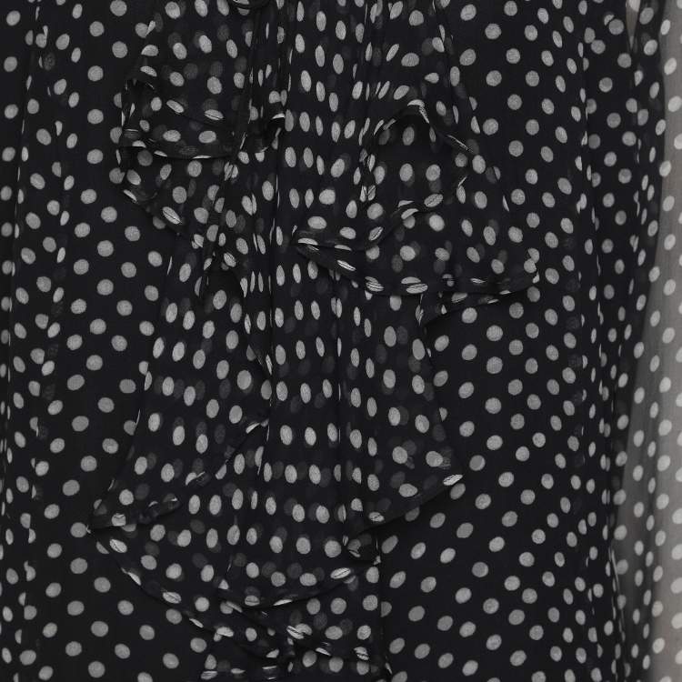 Pre Owned Marina Rinaldi Dark Grey Polk Dots Print Chiffon Ruffle Neck Tops L