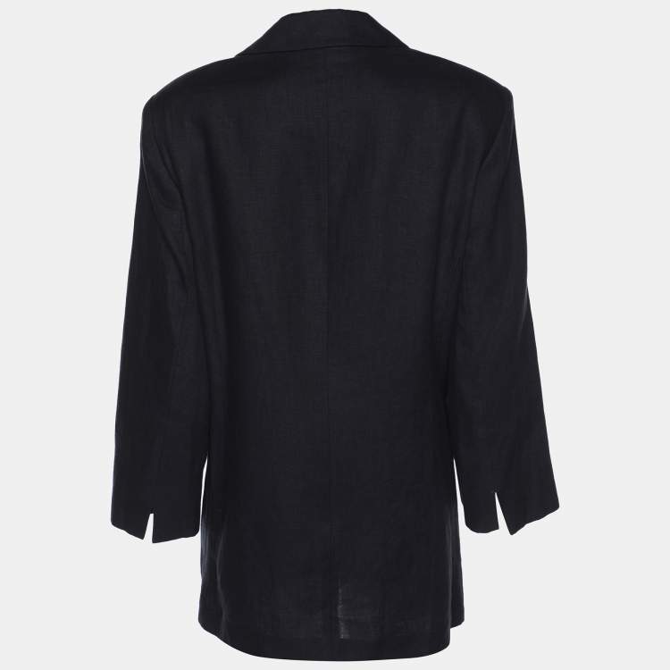 Pre Owned Marina Rinaldi Navy Blue Linen Single Breasted 3/4 Sleeve Blazer L