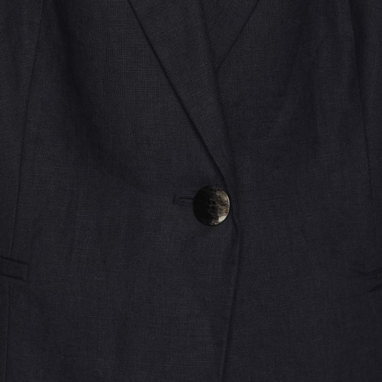 Pre Owned Marina Rinaldi Navy Blue Linen Single Breasted 3/4 Sleeve Blazer L