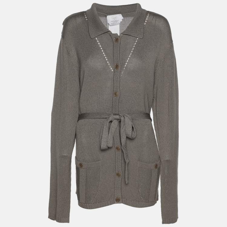Pre Owned Marina Rinaldi Grey Rib Knit Button Front Sweater L