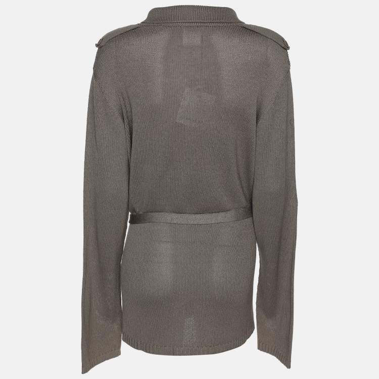 Pre Owned Marina Rinaldi Grey Rib Knit Button Front Sweater L